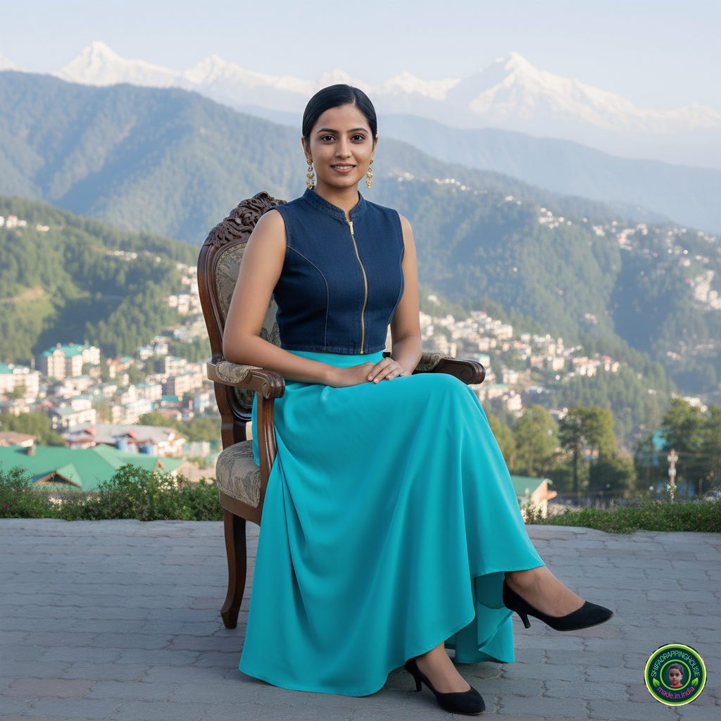 Premium Navy Blue Denim Mandarin Collar Blouse – Luxury Sleeveless Princess Cut Indo-Western Top with Front Metal Zipper