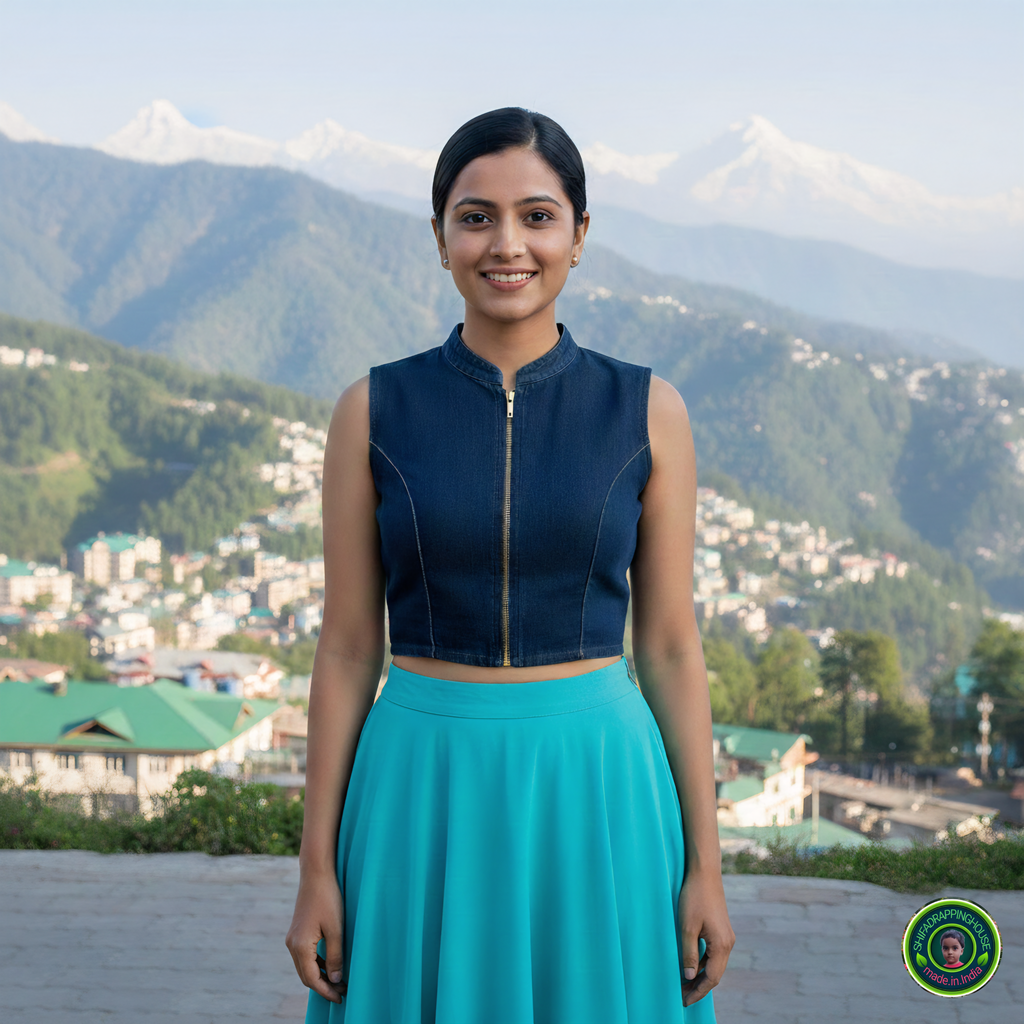 Premium Navy Blue Denim Mandarin Collar Blouse – Luxury Sleeveless Princess Cut Indo-Western Top with Front Metal Zipper