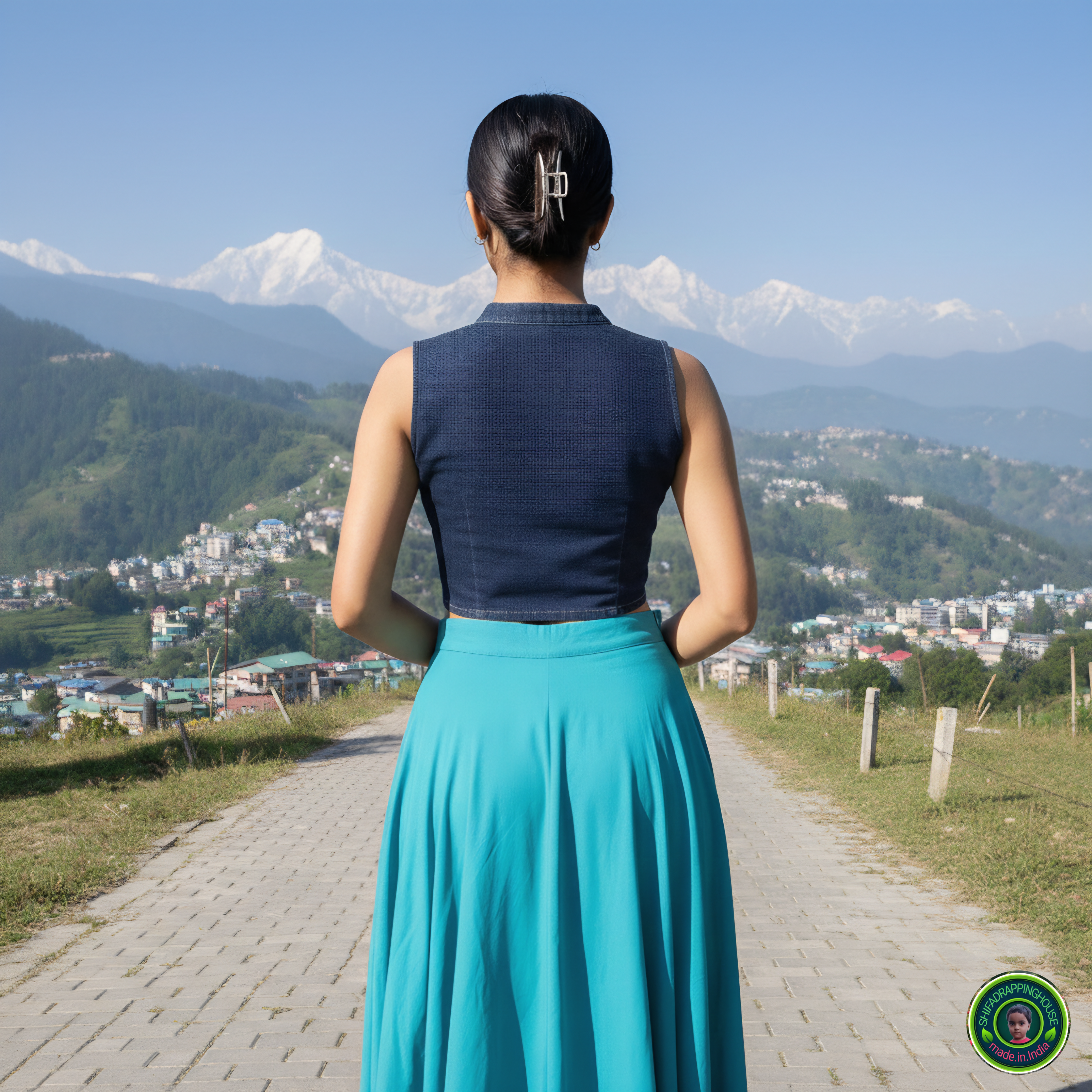 Premium Navy Blue Denim Mandarin Collar Blouse – Luxury Sleeveless Princess Cut Indo-Western Top with Front Metal Zipper