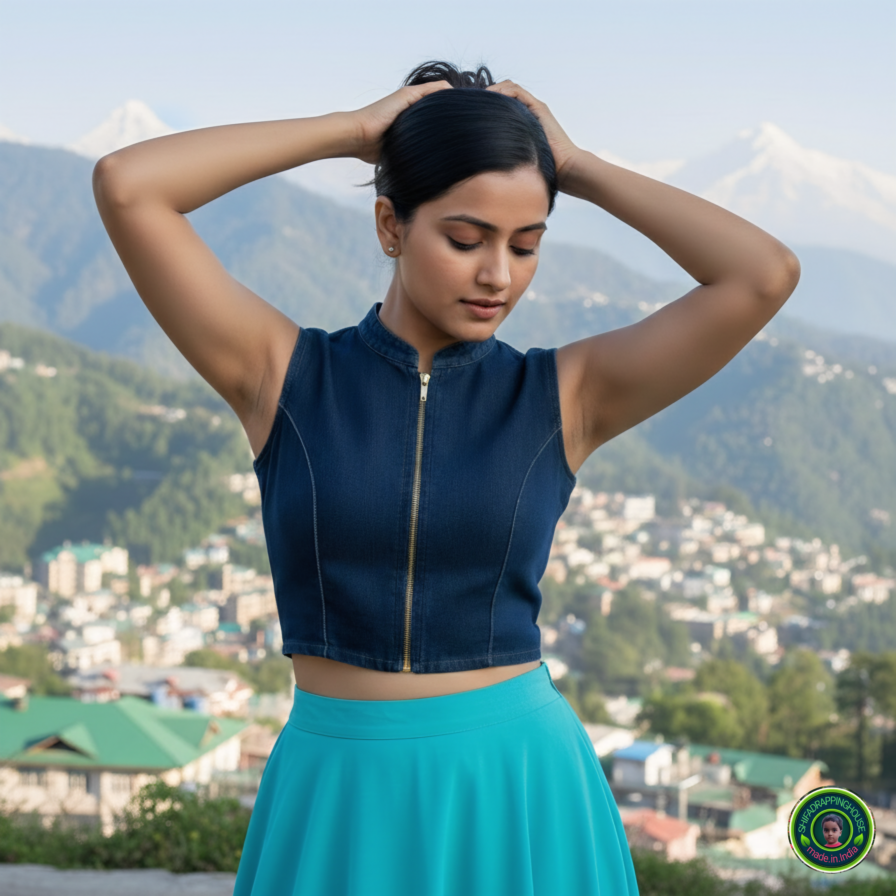 Premium Navy Blue Denim Mandarin Collar Blouse – Luxury Sleeveless Princess Cut Indo-Western Top with Front Metal Zipper