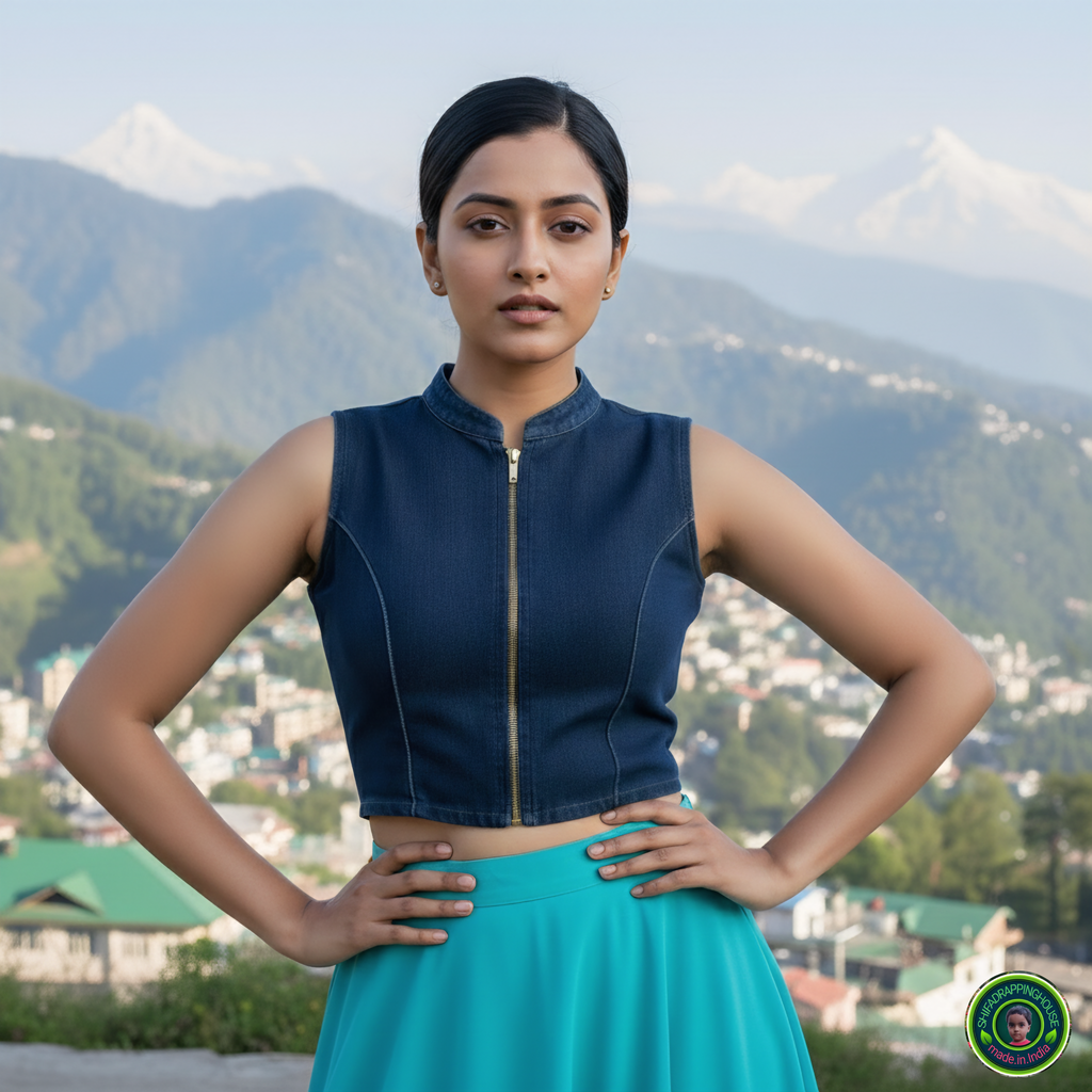 Premium Navy Blue Denim Mandarin Collar Blouse – Luxury Sleeveless Princess Cut Indo-Western Top with Front Metal Zipper