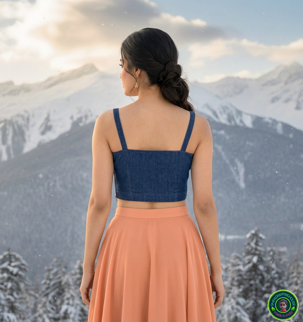 Premium Navy Blue Denim Tie-Up Shoulder Blouse – Princess Cut with Side Zipper