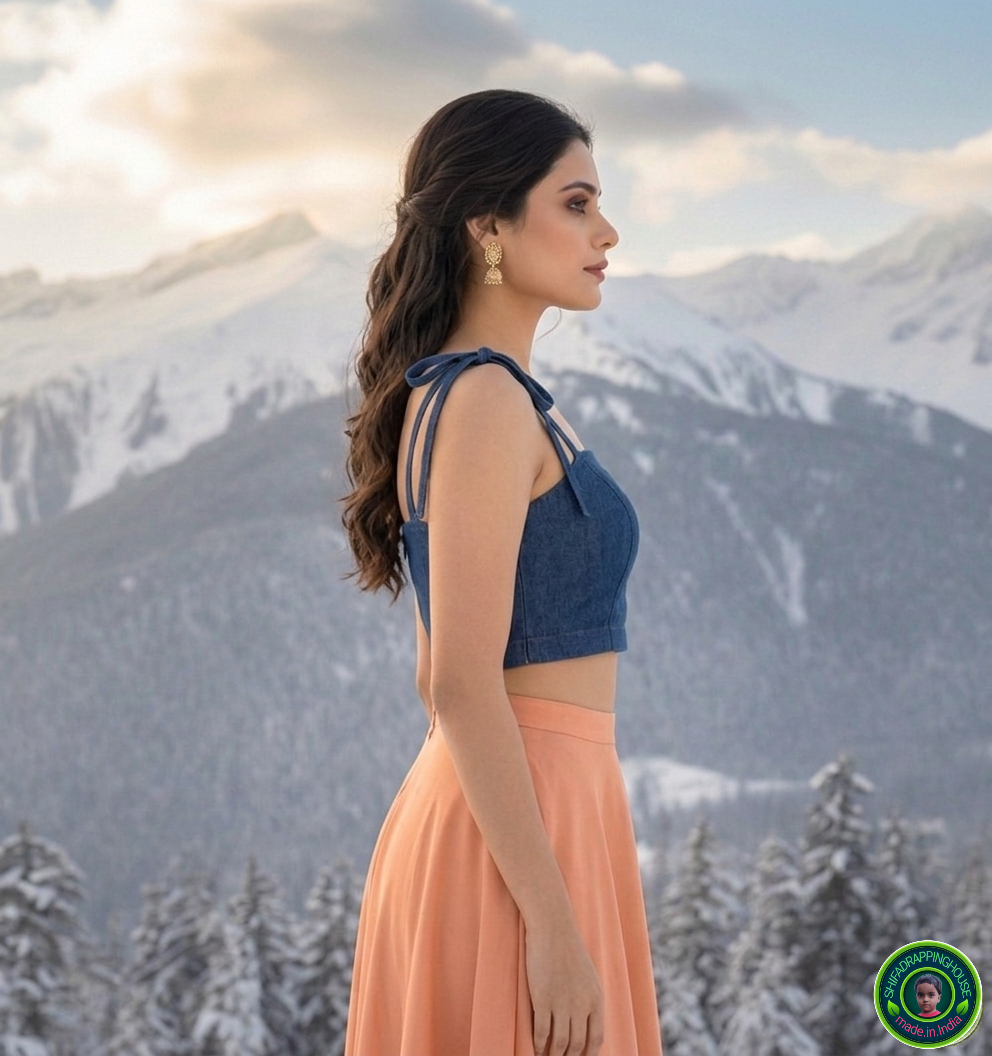 Premium Navy Blue Denim Tie-Up Shoulder Blouse – Princess Cut with Side Zipper