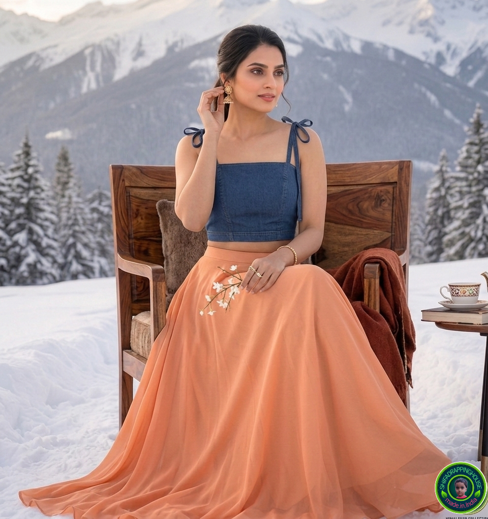 Premium Navy Blue Denim Tie-Up Shoulder Blouse – Princess Cut with Side Zipper