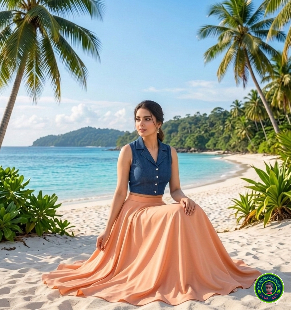 Summer Indigo Denim Jacket-Style Blouse – Sleek Sleeveless Fusion Top with Contrast Buttons