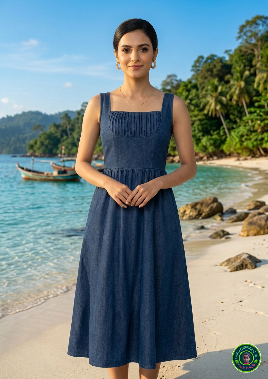 Imperial Sapphire Denim Midi Dress – Sleeveless Summer Edition with Pintex Detailing