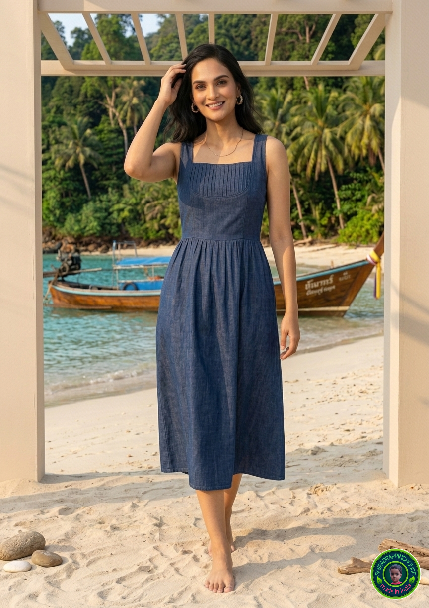 Imperial Sapphire Denim Midi Dress – Sleeveless Summer Edition with Pintex Detailing