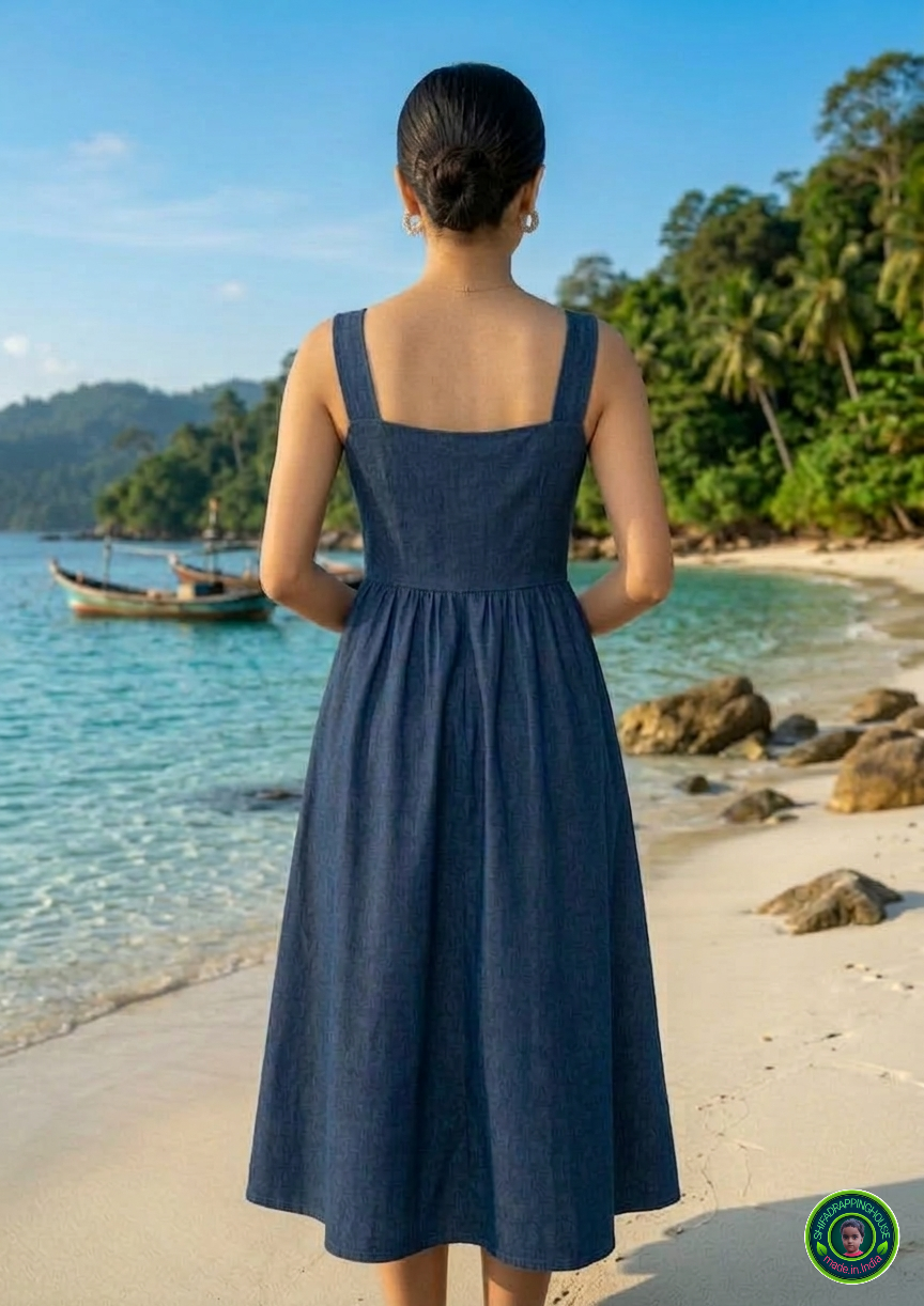 Imperial Sapphire Denim Midi Dress – Sleeveless Summer Edition with Pintex Detailing