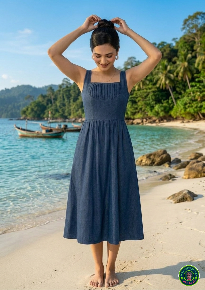Imperial Sapphire Denim Midi Dress – Sleeveless Summer Edition with Pintex Detailing