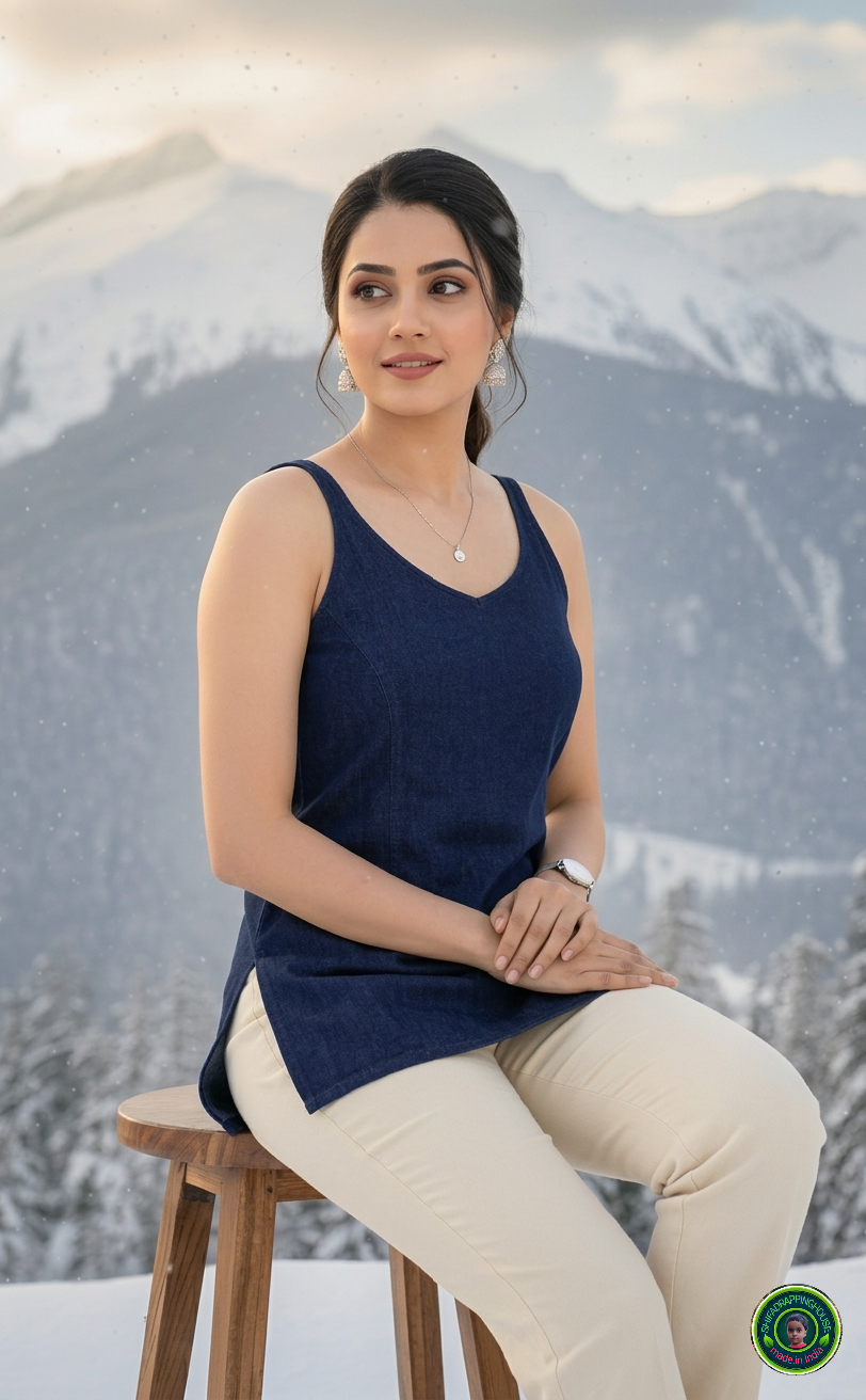 Premium Navy Blue Denim Sleeveless Top with Princess Cut & Side Slits