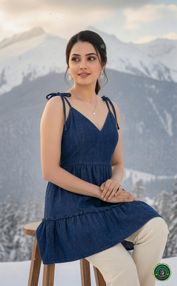 Premium Navy Blue Denim Tiered Tunic with Princess Cut & Tie-Up Shoulder Straps