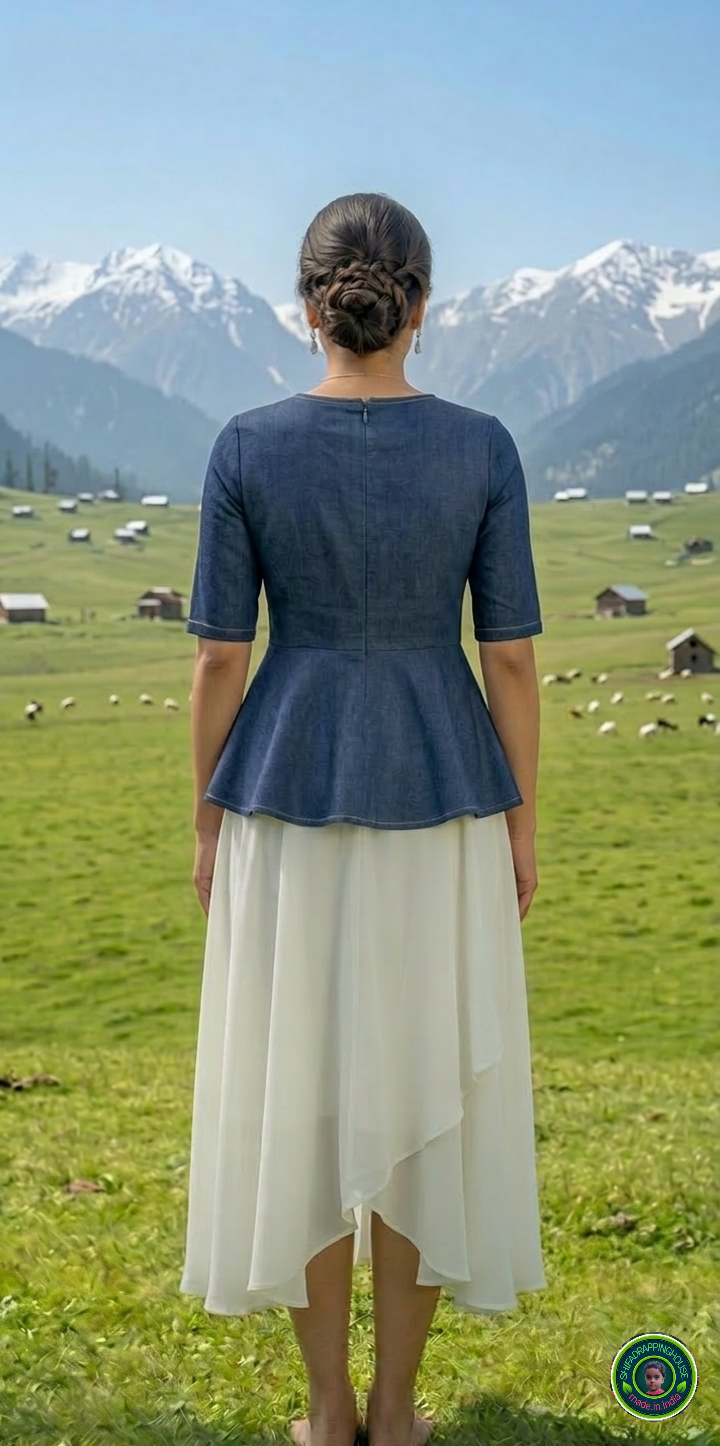 Premium Navy Blue Denim Peplum Top with Princess Cut & Invisible Back Zipper