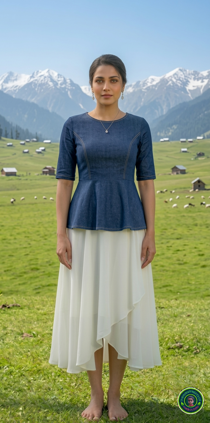 Premium Navy Blue Denim Peplum Top with Princess Cut & Invisible Back Zipper