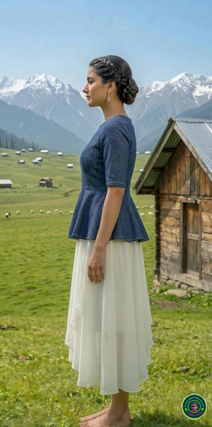 Premium Navy Blue Denim Peplum Top with Princess Cut & Invisible Back Zipper