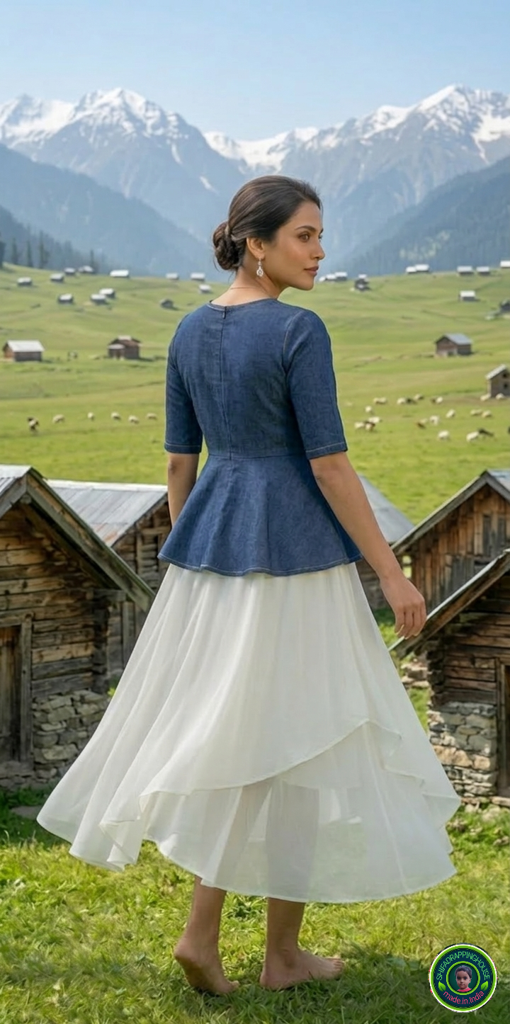 Premium Navy Blue Denim Peplum Top with Princess Cut & Invisible Back Zipper