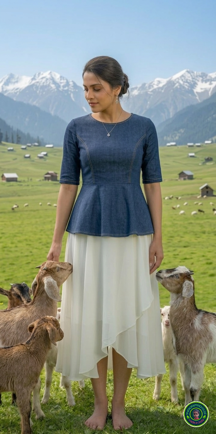 Premium Navy Blue Denim Peplum Top with Princess Cut & Invisible Back Zipper