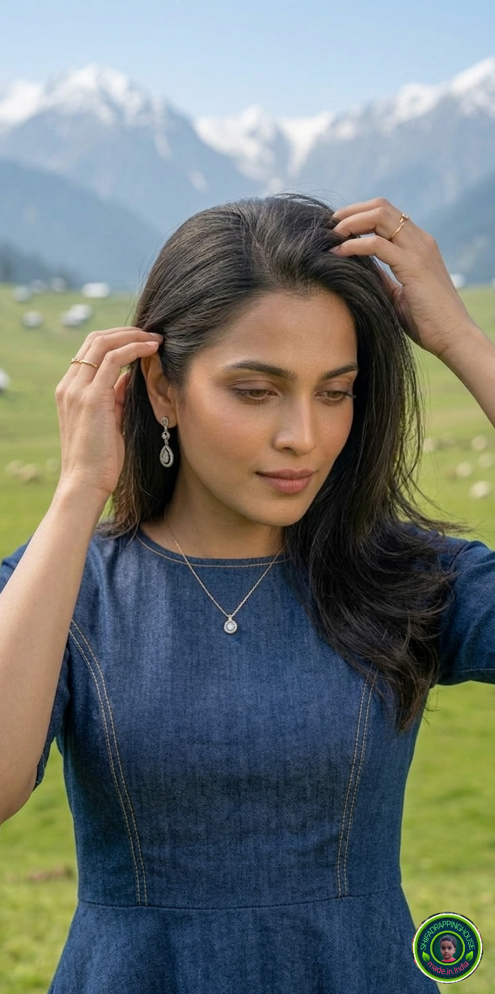 Premium Navy Blue Denim Peplum Top with Princess Cut & Invisible Back Zipper