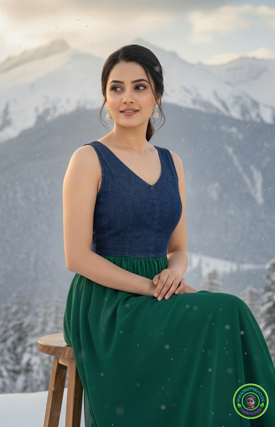 Imperial Emerald Denim-Georgette Fusion Gown – V-Neck Princess Cut Sleeveless Maxi