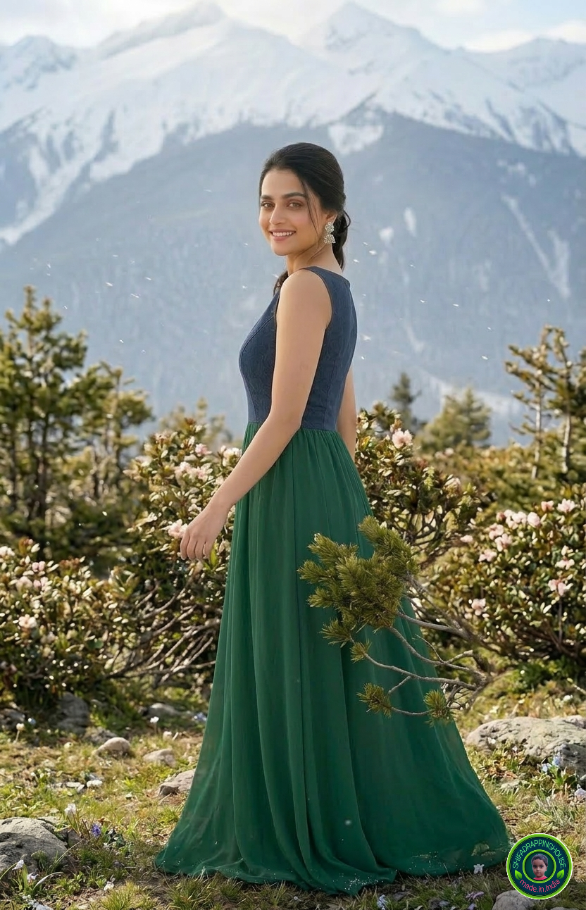 Imperial Emerald Denim-Georgette Fusion Gown – V-Neck Princess Cut Sleeveless Maxi