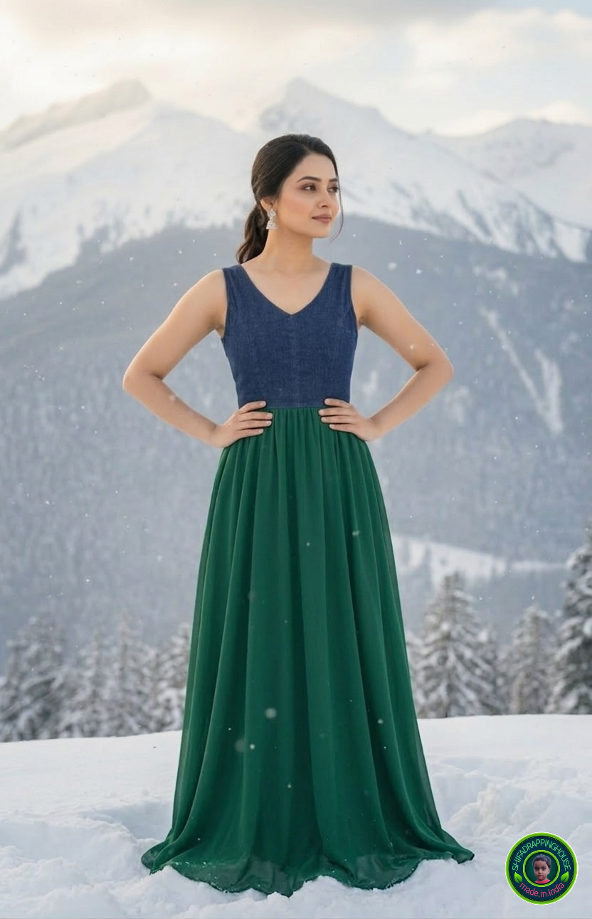 Imperial Emerald Denim-Georgette Fusion Gown – V-Neck Princess Cut Sleeveless Maxi