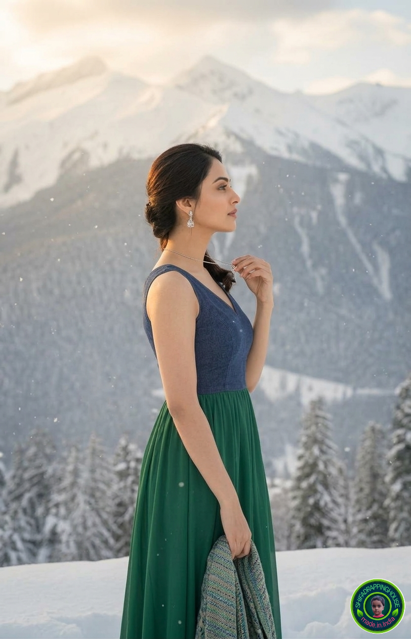 Imperial Emerald Denim-Georgette Fusion Gown – V-Neck Princess Cut Sle – Shifa Drapping house