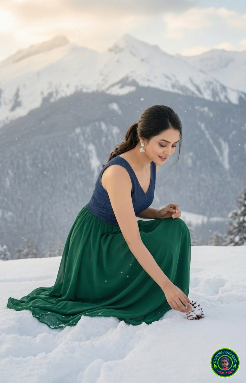 Imperial Emerald Denim-Georgette Fusion Gown – V-Neck Princess Cut Sleeveless Maxi