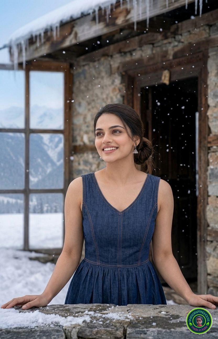 Imperial Sapphire Denim Tunic – Royal V-Neck and Gathered Waist Summer Edition