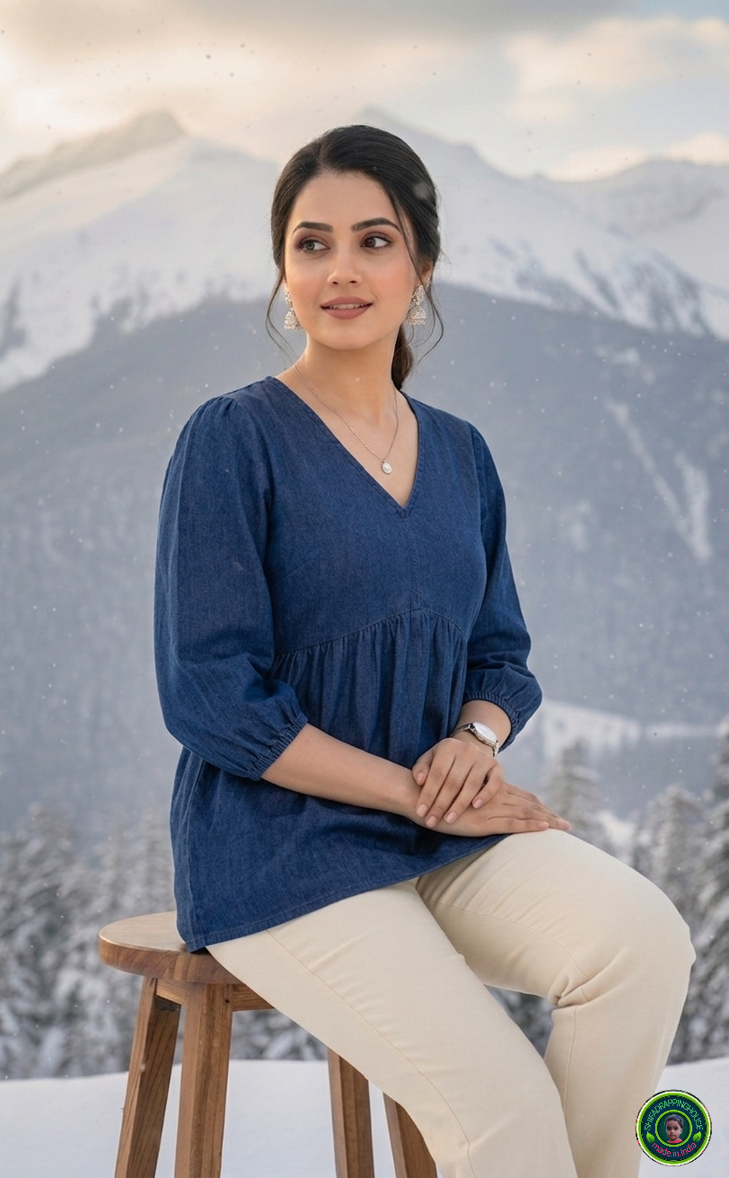 Premium Navy Blue Denim Tiered Tunic with V-Point Gathered Waist & Balloon Sleeves