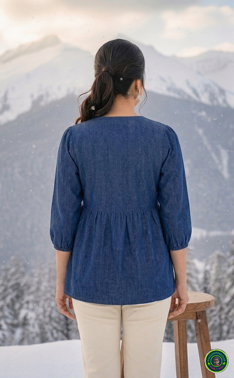 Premium Navy Blue Denim Tiered Tunic with V-Point Gathered Waist & Balloon Sleeves