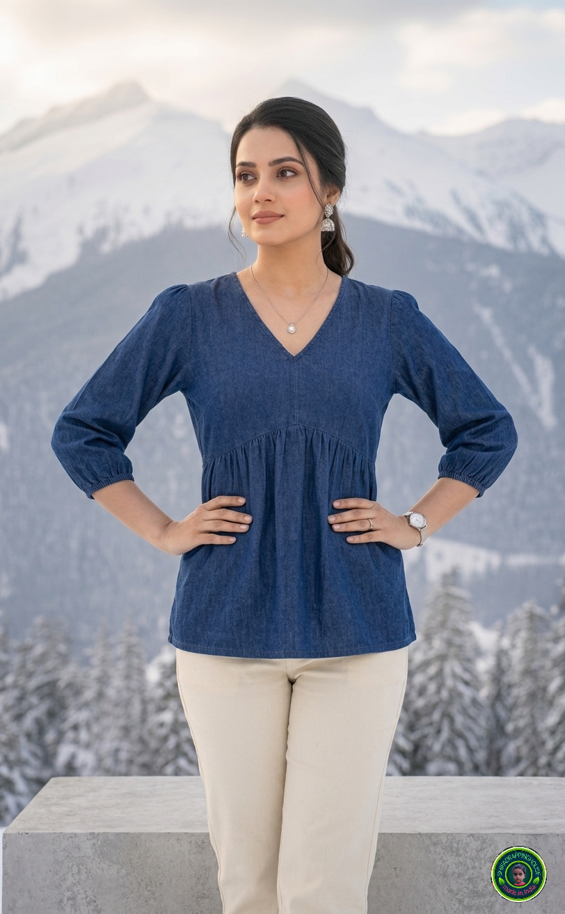 Premium Navy Blue Denim Tiered Tunic with V-Point Gathered Waist & Balloon Sleeves