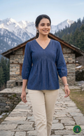 Premium Navy Blue Denim Tiered Tunic with V-Point Gathered Waist & Balloon Sleeves