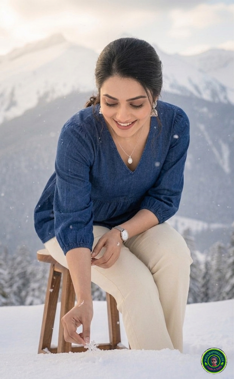 Premium Navy Blue Denim Tiered Tunic with V-Point Gathered Waist & Balloon Sleeves