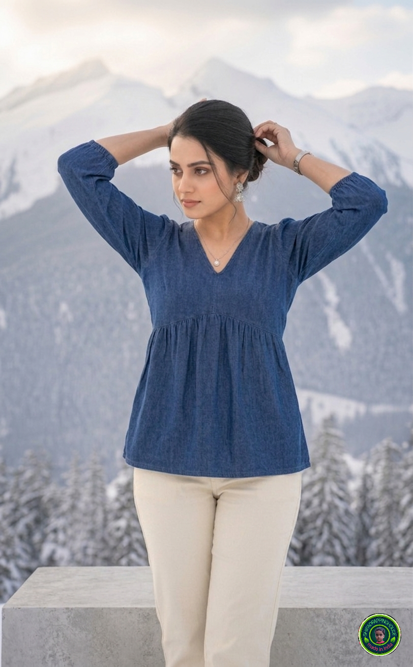 Premium Navy Blue Denim Tiered Tunic with V-Point Gathered Waist & Balloon Sleeves