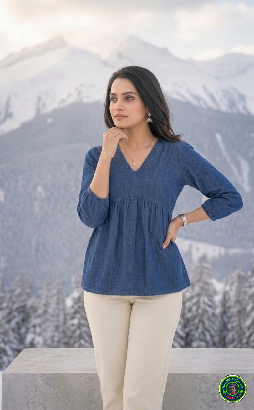 Premium Navy Blue Denim Tiered Tunic with V-Point Gathered Waist & Balloon Sleeves