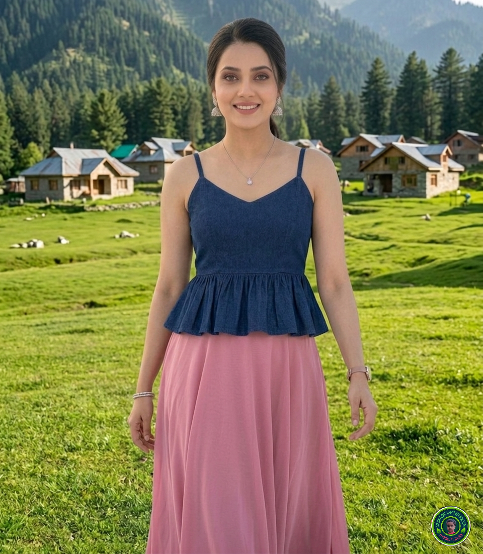 Premium Navy Blue Denim Peplum Cami-Top with Adjustable Straps & Princess Cut