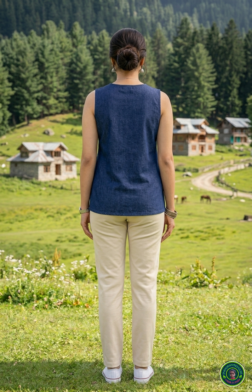 Premium Navy Blue Denim Sleeveless Top with Clean Round Neck & Side Slits