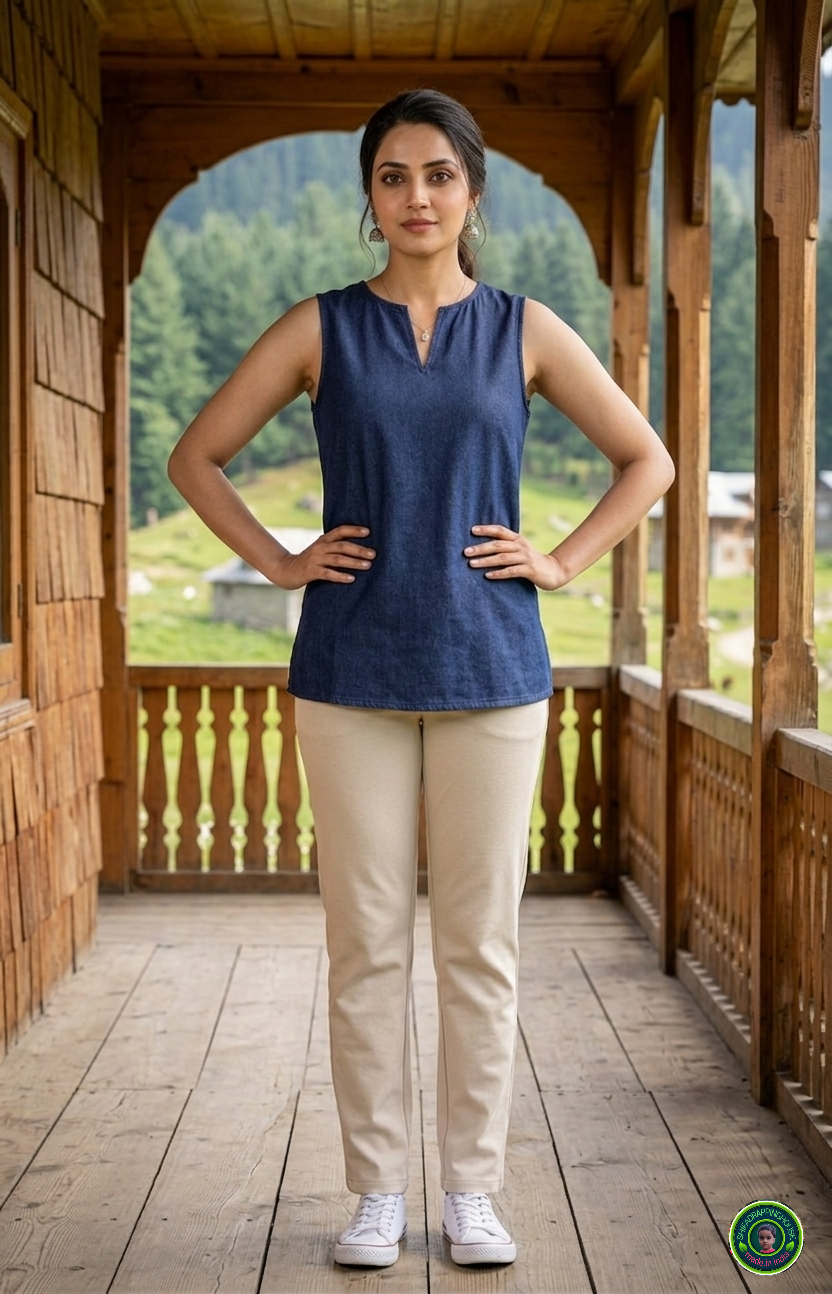 Premium Navy Blue Denim Sleeveless Top with Clean Round Neck & Side Slits