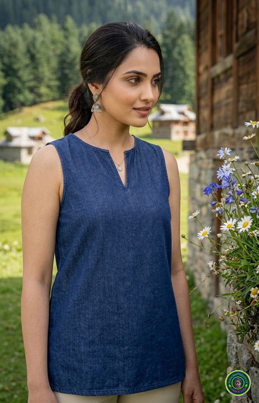 Premium Navy Blue Denim Sleeveless Top with Clean Round Neck & Side Slits