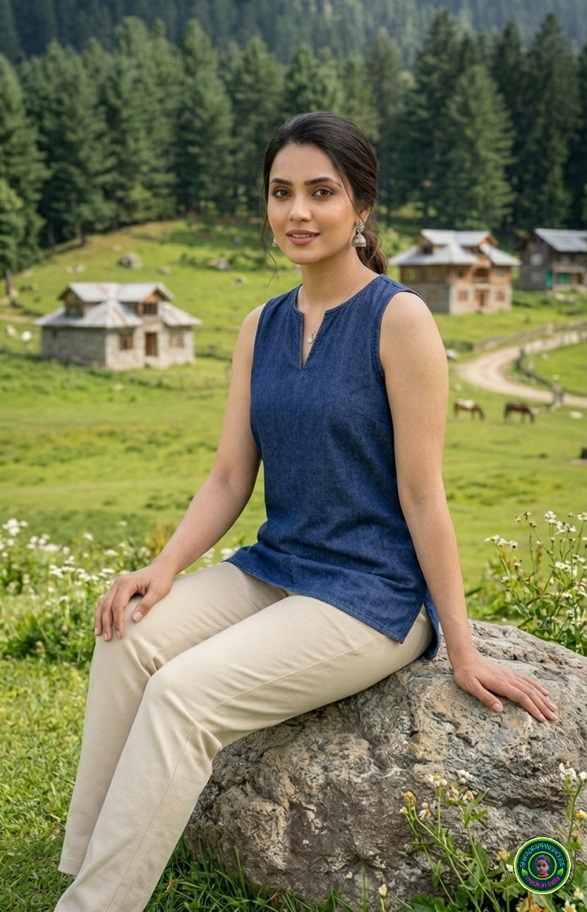 Premium Navy Blue Denim Sleeveless Top with Clean Round Neck & Side Slits