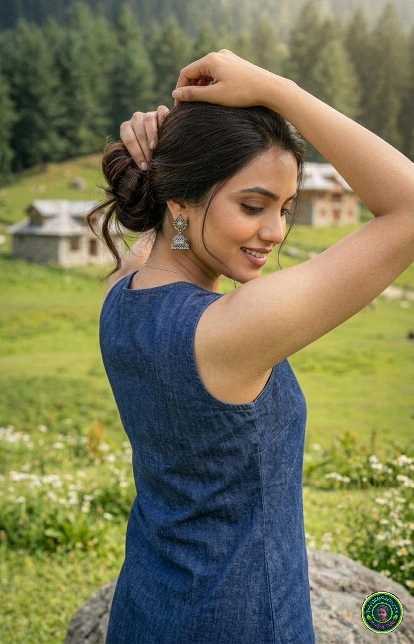 Premium Navy Blue Denim Sleeveless Top with Clean Round Neck & Side Slits