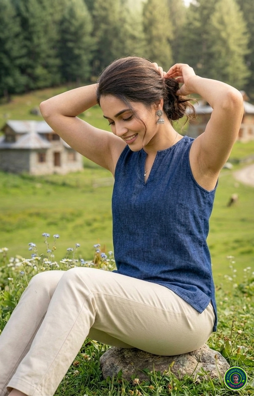 Premium Navy Blue Denim Sleeveless Top with Clean Round Neck & Side Slits