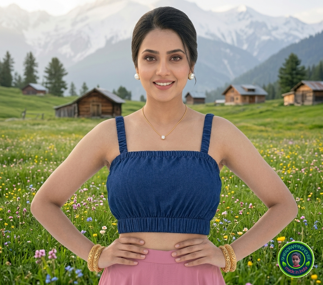 Royal Indigo Gathered Denim Blouse – Elasticated Luxury Crop Top with Concealed Zipper