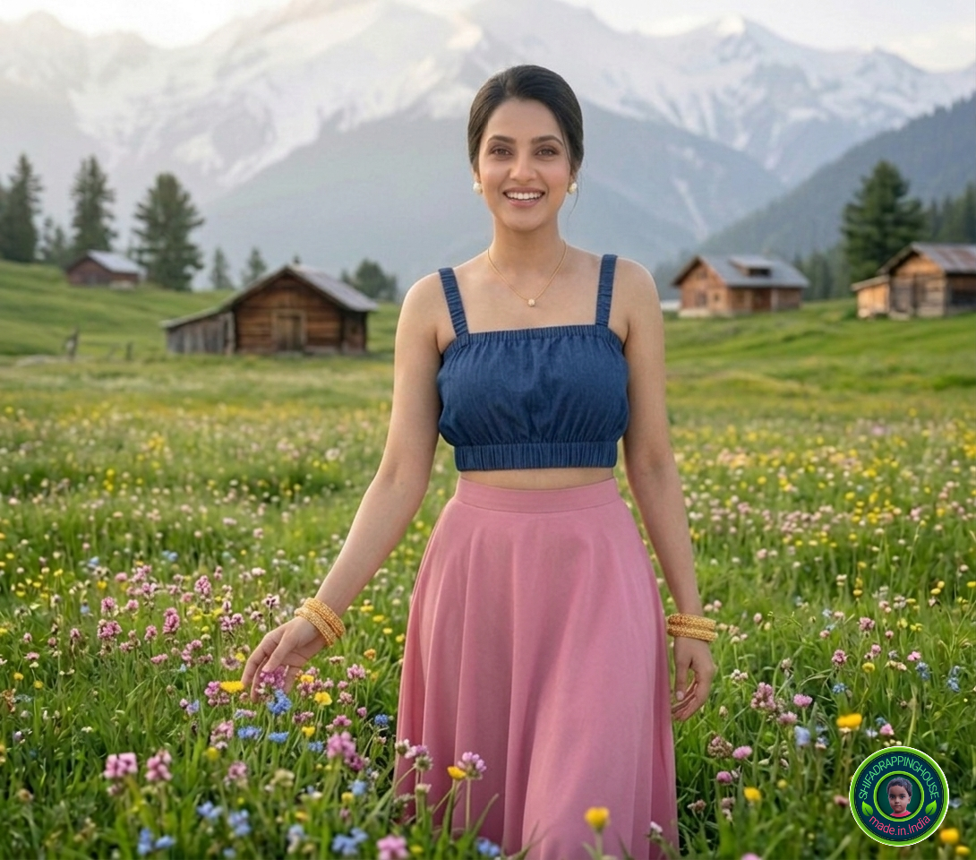 Royal Indigo Gathered Denim Blouse – Elasticated Luxury Crop Top with Concealed Zipper