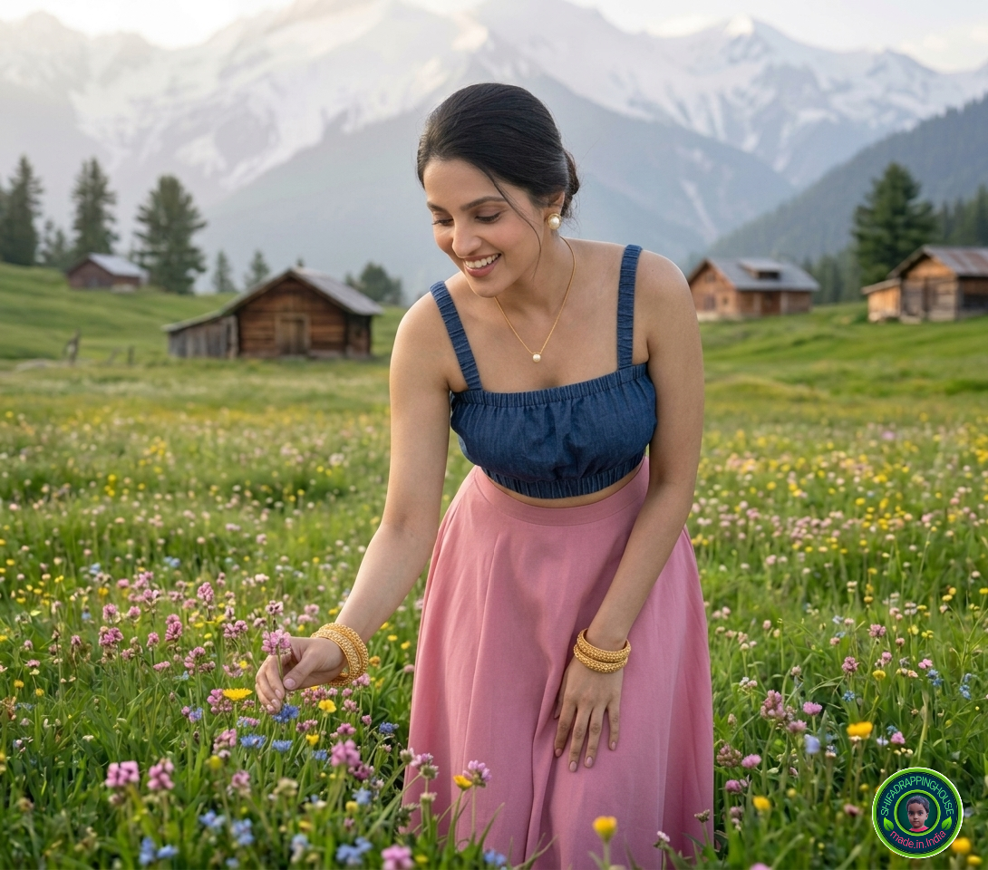 Royal Indigo Gathered Denim Blouse – Elasticated Luxury Crop Top with Concealed Zipper