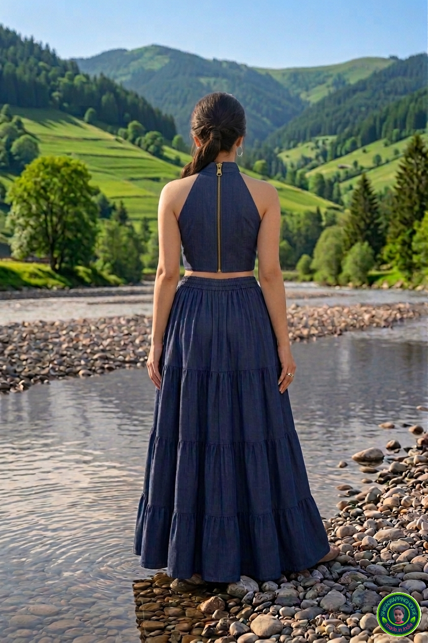 Imperial Sapphire Denim Lehenga Set – Keyhole Mandarin Collar Blouse & Four-Layered Gathering Lehenga Skirt