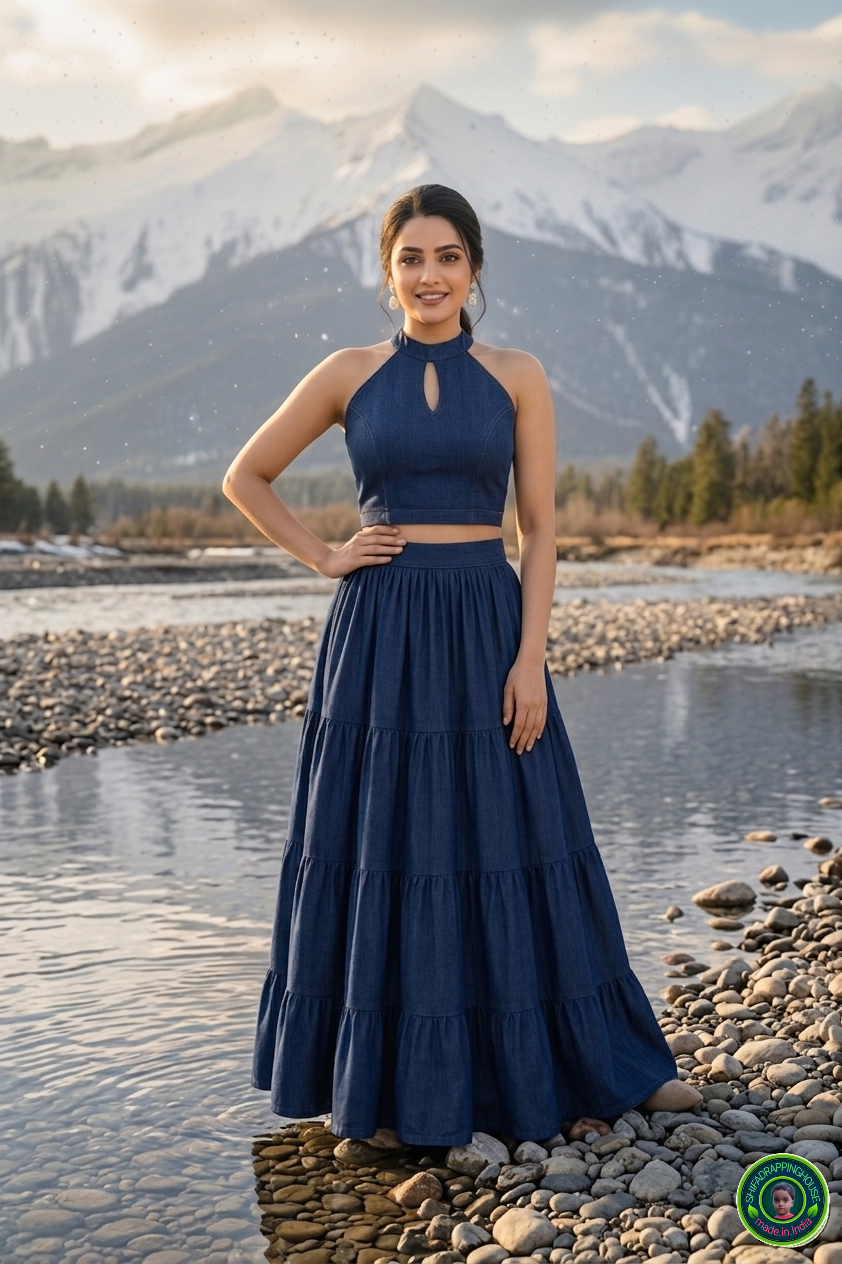 Imperial Sapphire Denim Lehenga Set – Keyhole Mandarin Collar Blouse & Four-Layered Gathering Lehenga Skirt