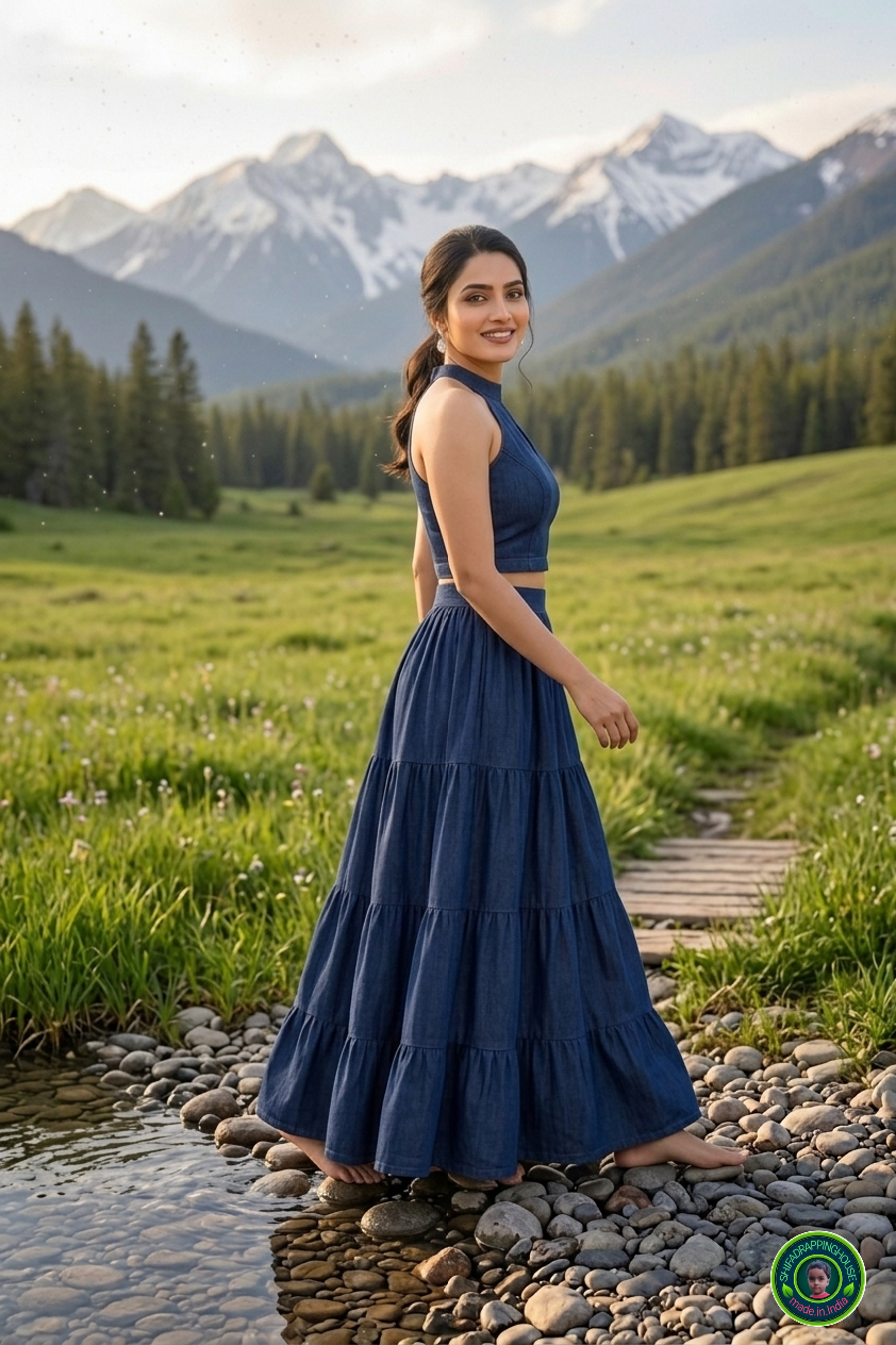 Imperial Sapphire Denim Lehenga Set – Keyhole Mandarin Collar Blouse & Four-Layered Gathering Lehenga Skirt