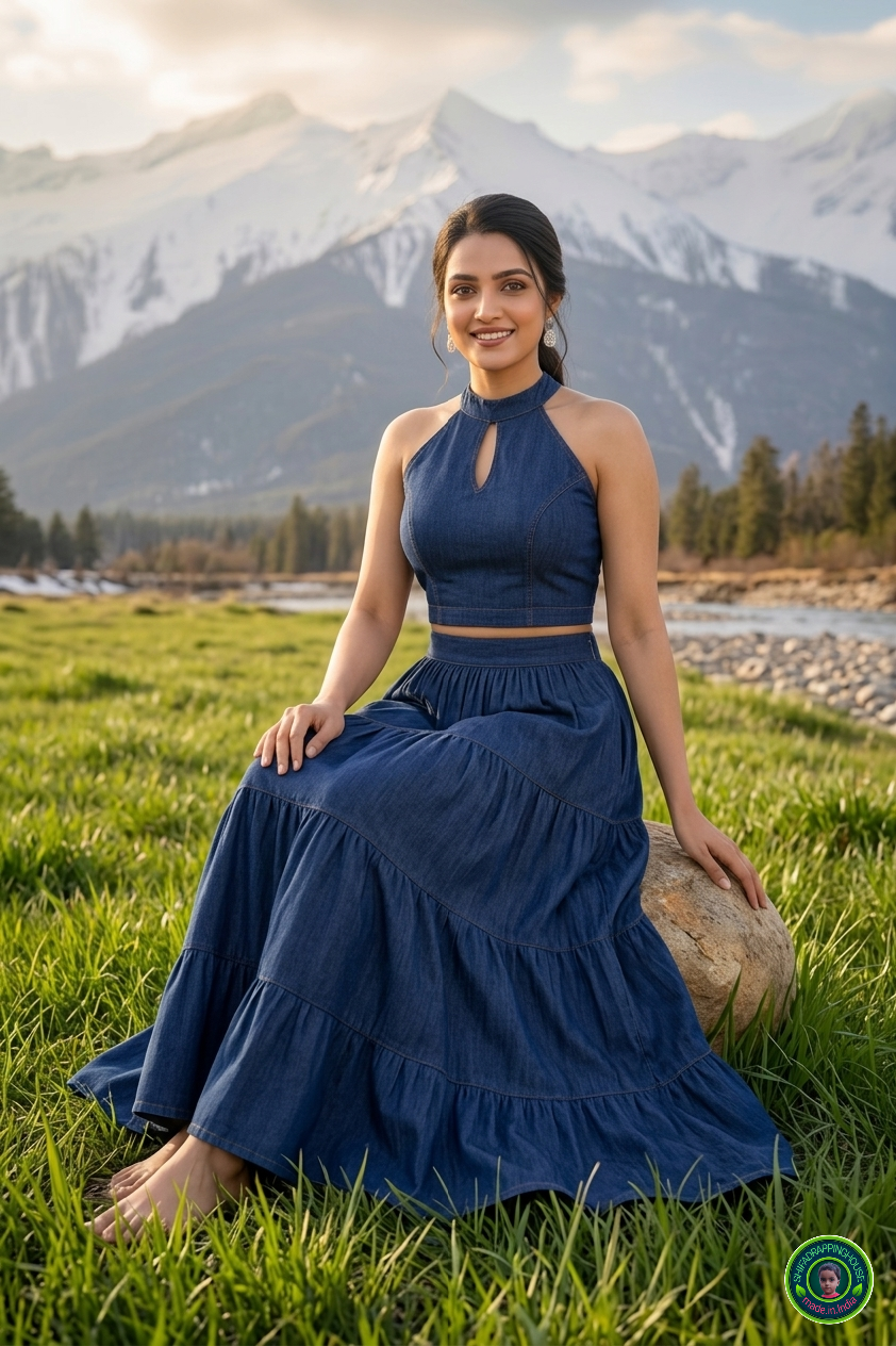 Imperial Sapphire Denim Lehenga Set – Keyhole Mandarin Collar Blouse & Four-Layered Gathering Lehenga Skirt