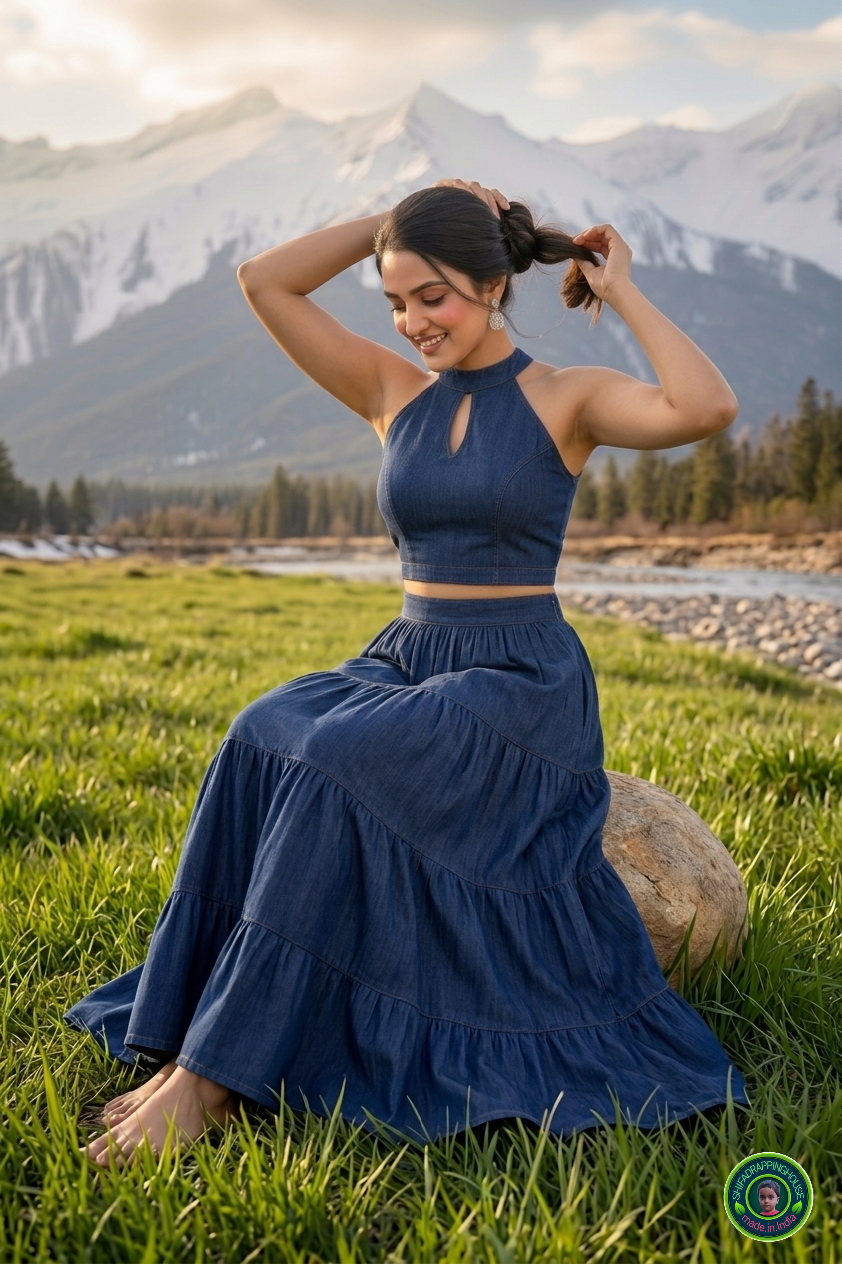 Imperial Sapphire Denim Lehenga Set – Keyhole Mandarin Collar Blouse & Four-Layered Gathering Lehenga Skirt