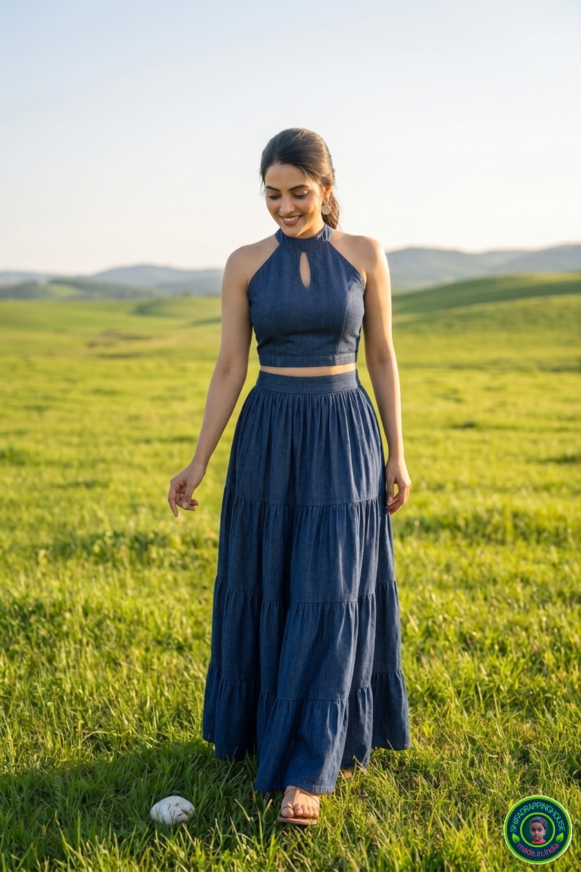 Imperial Sapphire Denim Lehenga Set – Keyhole Mandarin Collar Blouse & Four-Layered Gathering Lehenga Skirt